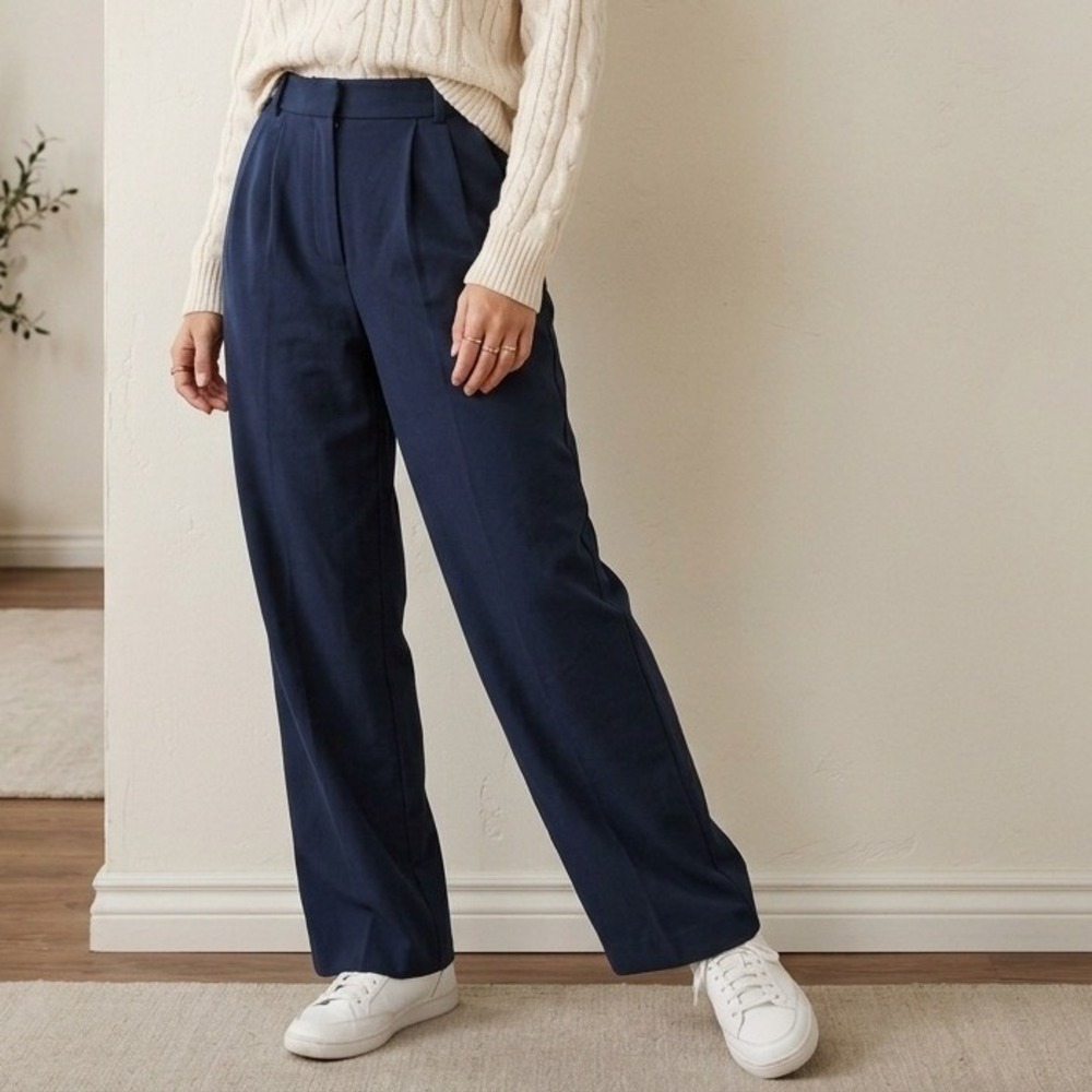 Abercrombie & Fitch Womens Sloane Pants 10 Navy Blue Pleated Wide Leg Preppy